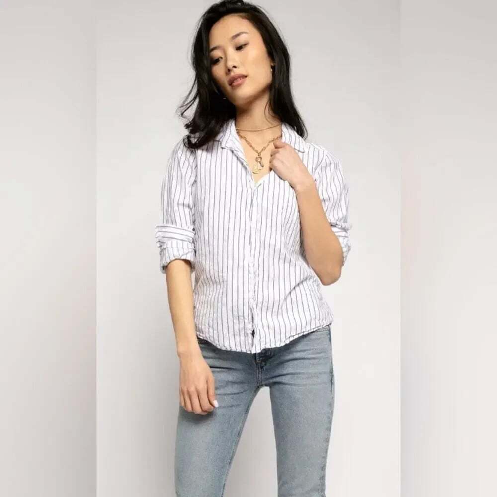 Frank & Eileen Women L Barry Button Down Shirt White Gray Striped Long Sleeve